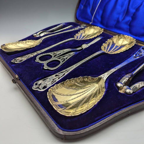 Around 1890 English antique silver plate fruit & nuts set in case